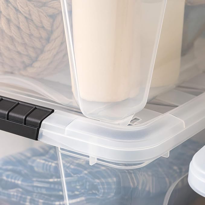 IRIS USA 4-Pack 32 Quart Storage Bins with Lids, Clear | Visible storage saves time, Great for linens, décor, closet storage, and supplies, Nestable design saves space