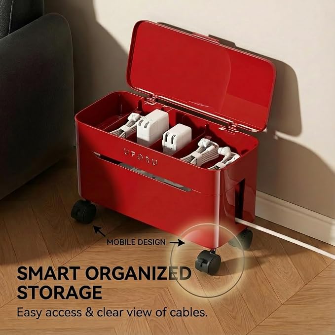 2-Tier Rolling Cable Management Box with Wheels (Large) – Mobile Power Strip Hider & Cord Organizer – Under Desk Wire Concealer & Charging Station Organizer – Baby & Pet Proof Safety (Matcha Green)