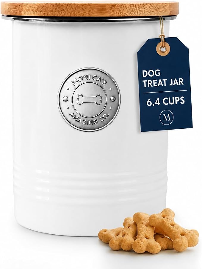 Dog Treat Container with Bamboo Lid, White Metal, 5.1” W x 6.5” H, 6.4 Cups | Silicone Seal, Easy-Open Lid, Premium Seamless One-Piece Body, Dent-Resistant, Fits Most Dog Treats, Modern Countertop Decor