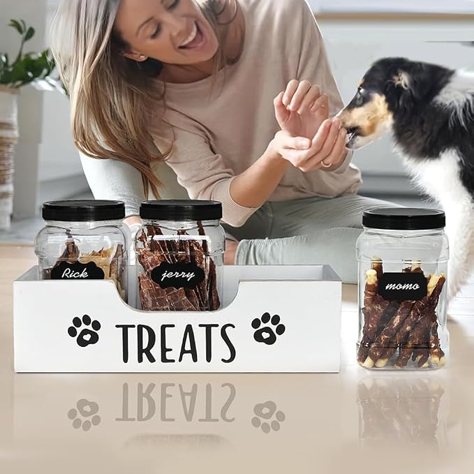 Dog Treat Container for Countertop, Pet Snack Storage Box Includes 3 Treat Jar & Wooden Pet Treat Container Pet Food Organizer For Puppy Airtight Dog Treat Storage With Lids