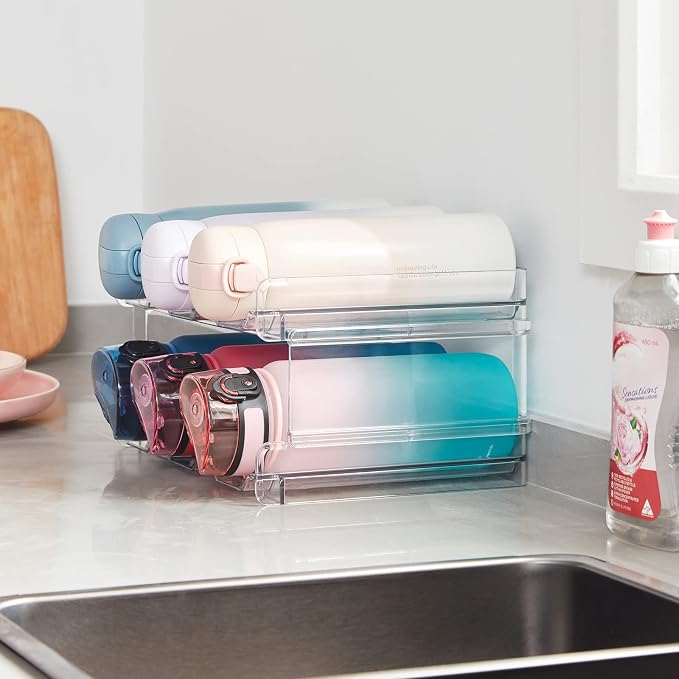Lifewit Stackable Water Bottle Organizer for Cabinet, Clear Tumbler Holder | Large Slot for Up to 32 oz Cups, Plastic Wine Rack for Fridge, Pantry, Kitchen Organization & Storage, 2-Tier Holds 6, 2 Pack