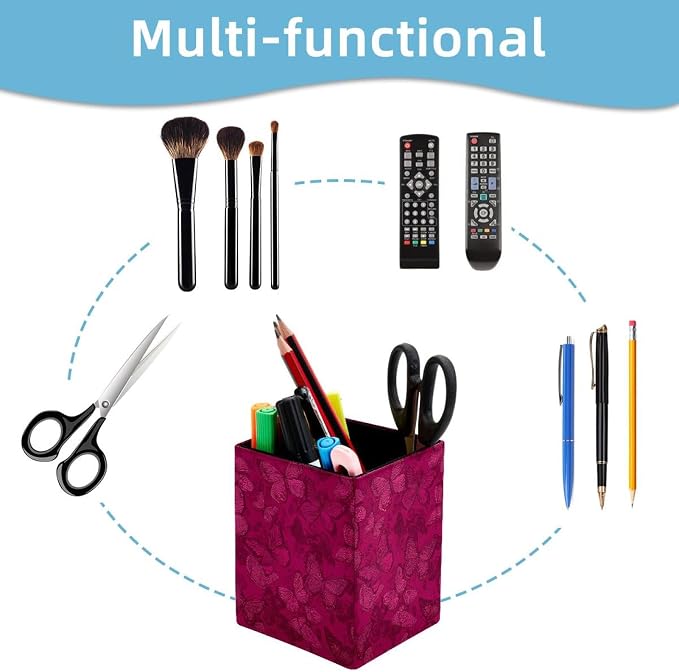 Butterfly Pen Holder for Desk Decor, Rectangular PVC Leather Pencil Cup for Desk Pen Organizer, Makeup Brush Holder for School, Home, Office