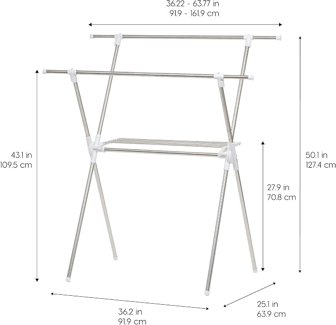 IRIS USA Foldable Drying Rack with Extendable Rods for Large Laundry Loads, Clothes Drying Rack, Freestanding Foldable Laundry Rack, Anti-Skid Feet, Portable and Storable, Silver | Expands drying space for laundry with adjustable rods and foldable conv...
