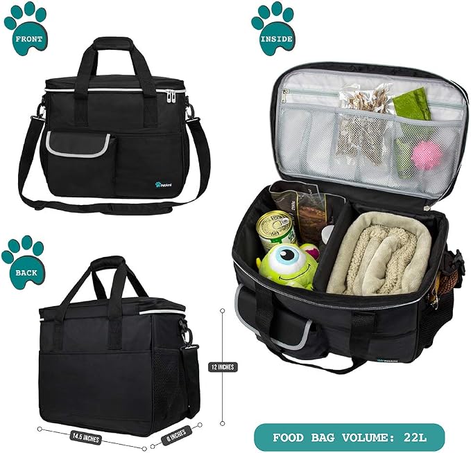 PetAmi Dog Travel Bag Organizer, Pet Supplies Tote Diaper Bag, Black Medium | Pet Travel Kit with 2 Food Containers & 2 Collapsible Dog Bowls, Luggage Sleeve, Weekend Getaway Road Trip Camping Essentials