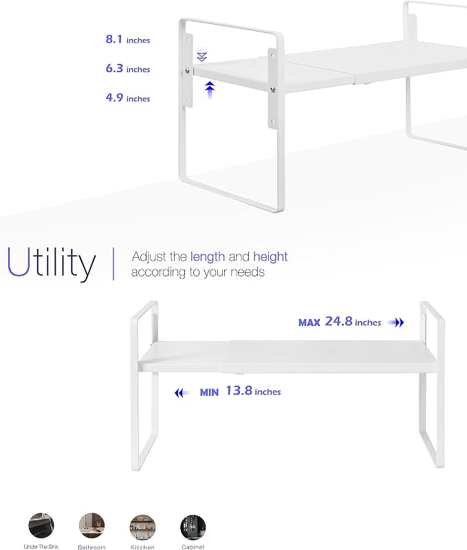 Nxconsu Cabinet Shelf Riser, Adjustable Cabinet Organizer, 10.3" Deep White | Heavy-Duty Metal Expandable Shelf Holds 50 lb with 3 Height Levels for Kitchen Cabinet Cupboard Pantry Dish Mug