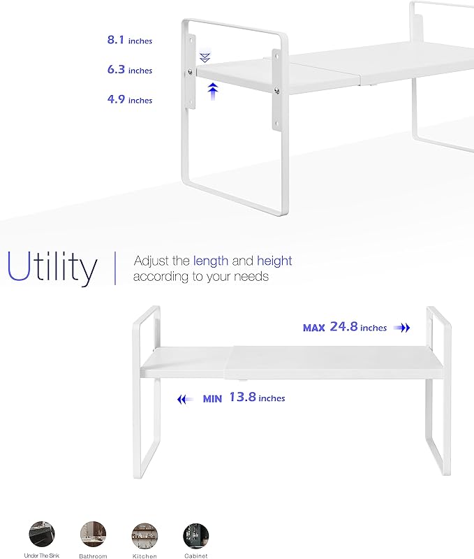 Nxconsu Cabinet Shelf Riser, Adjustable Cabinet Organizer, 8.6" Deep White | Heavy-Duty Metal Expandable Shelf Holds 50 lb with 3 Height Levels for Kitchen Cabinet Cupboard Pantry Dish Mug