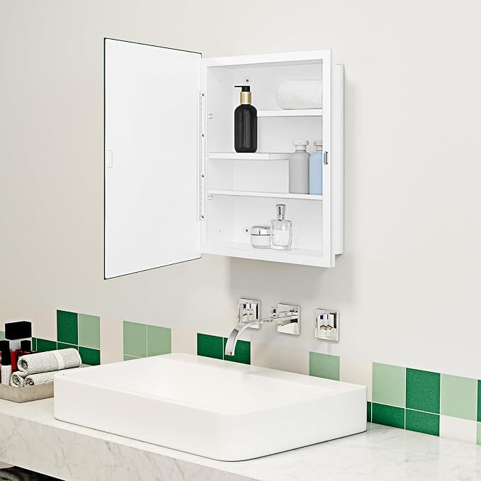 White Metal Medicine Cabinet, 16 x 20 Beveled Mirror, Surface Mount Storage | Beveled Mirror Bathroom Cabinet with Adjustable Staggered Shelves, Piano Hinge, Left/Right Swing & Matte White Powder Coating
