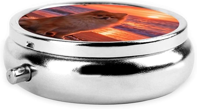 Pomeranian On The Beach Portable Pill Organizer | 3 Compartment, With Mirror, For Men Women, For Daily Supplements, Vitamins, Fish Oil, Jewelry, Candy, Travel