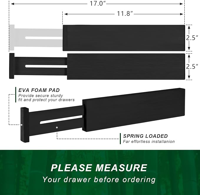 4 Pack Bamboo Drawer Dividers 2.6" High, Adjustable from 12 Inch to 17 Inch | Expandable Kitchen Drawer Organizer Separators for Clothes, Kitchen, Bedroom, Dresser, Office (Black)