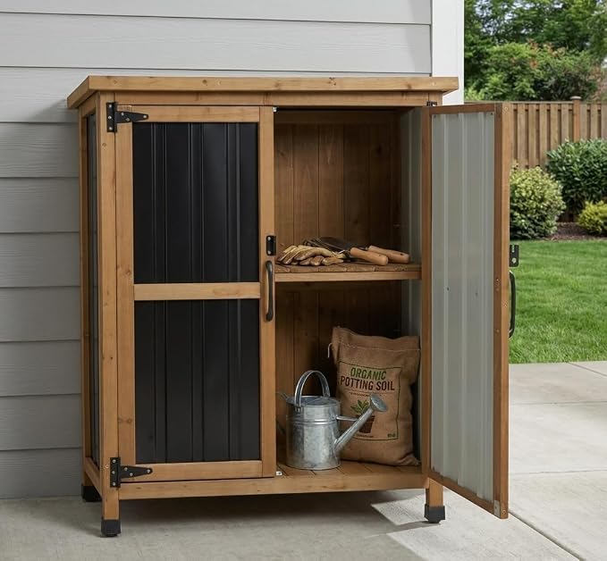 Ketive Small Outdoor Storage Cabinet Wood & Metal, Small Garden Tool Storage Cabinet with Asphalt Roof, Double Lockable Doors & Removable Shelves for Porch, Patio, Garden, Backyard