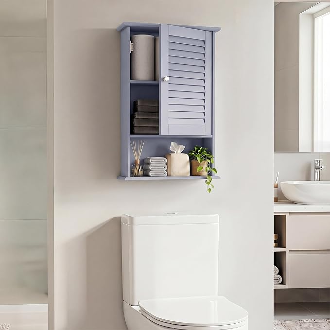 Tangkula Medicine Cabinet, Wall Mounted Bathroom Cabinet Single Door Wooden Bathroom Wall Cabinet with Adjustable Shelf (Grey)