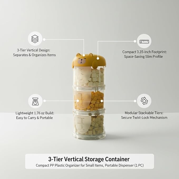 3-Tier Vertical Storage Container, Compact Yellow PP Plastic Organizer for Pet Food & Small Items, Portable Travel Dispenser