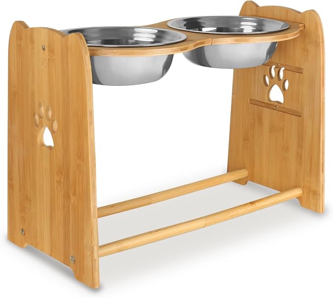X-ZONE PET Elevated Dog Bowls for Cats and Dogs, Adjustable Bamboo Raised Dog Bowls for Large Dog, Food and Water Stand Feeder with 2 Stainless Steel Anti Slip Feet (Height 7.9" to 11.4" to 15")…