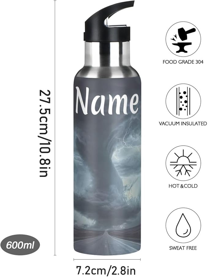 Custom Name Tornado Print Water Bottle with Straw Lid Kids Insulated Stainless Steel Water Flask Sports, 20 Oz Hot Cold
