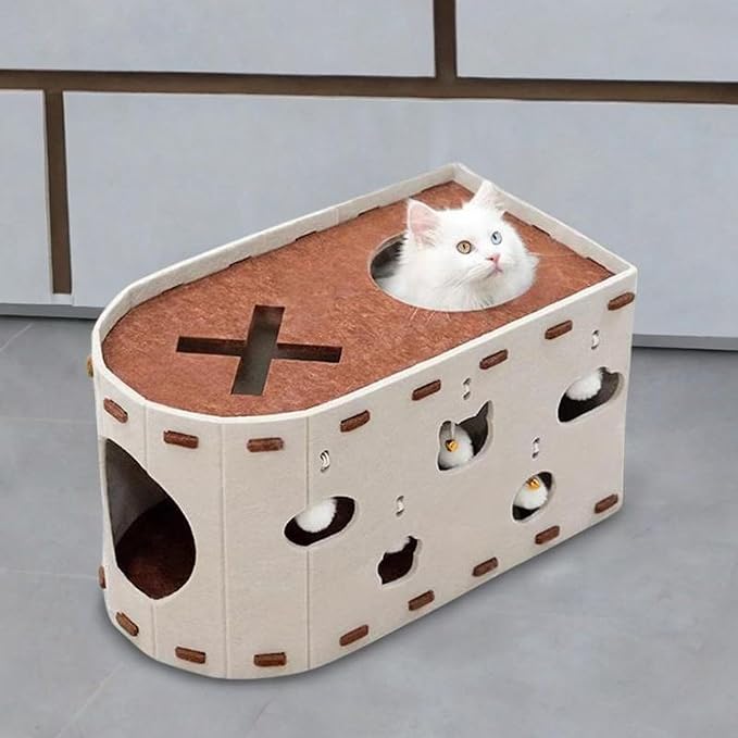 Cat House Scratch Condo Pet Toys Meal Claws Scratches with an Interactive Hole Felting Bed for Several Cats, Beige