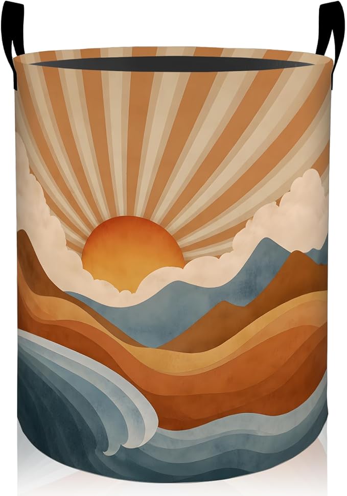 Retro Sunrise Laundry Basket, Vintage Mountain Wave Oxford Cloth Dirty Clothes Collapsible Hamper for Room Decor, Nature Gifts, Toy Organizer 19.7 x 15.7 Inches for Bedroom Bathroom Dorm