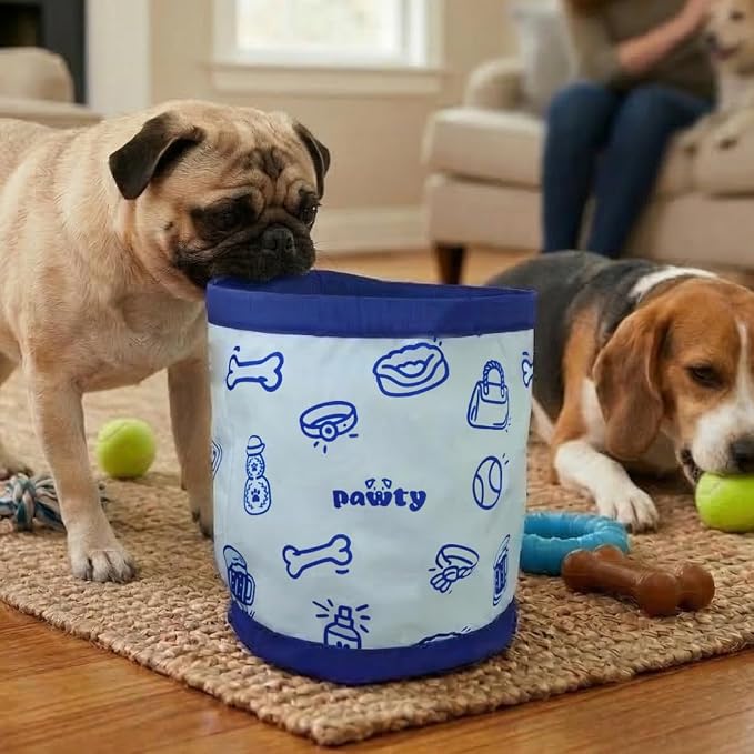 Pawty Reversible Dog Toy Basket – 35L Large Collapsible Fabric Storage Bin with Dog Toys Text – Foldable Pet Toy Box & Organizer for Blankets, Leashes, Living Room – 13.8" x 15.75" (Holds 20+ Toys)