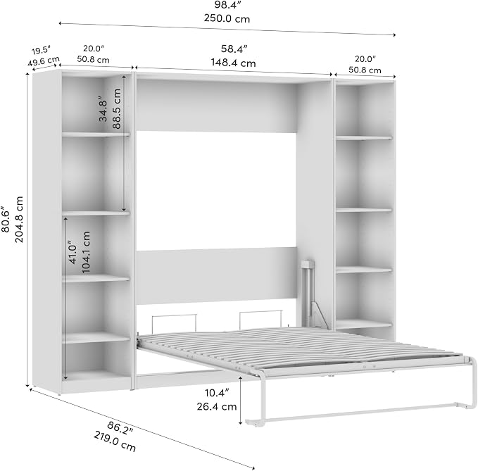 Bestar Full Murphy Bed with Closet Organizer, White, Claremont, 99W | Closet Organizers; supports up to 1000 lb; min. ceiling height 83 in.; dual piston mechanism; 10-year warranty