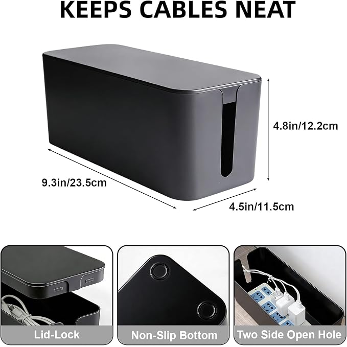 Cord Organizer Box Cable Management Hide Power Strips & Cords | Multi-Hole Shunt Design,Kid & Pet Friendly,Floor Outlet Hiders for Desk,Office,Living Room,Wire Storage,Black