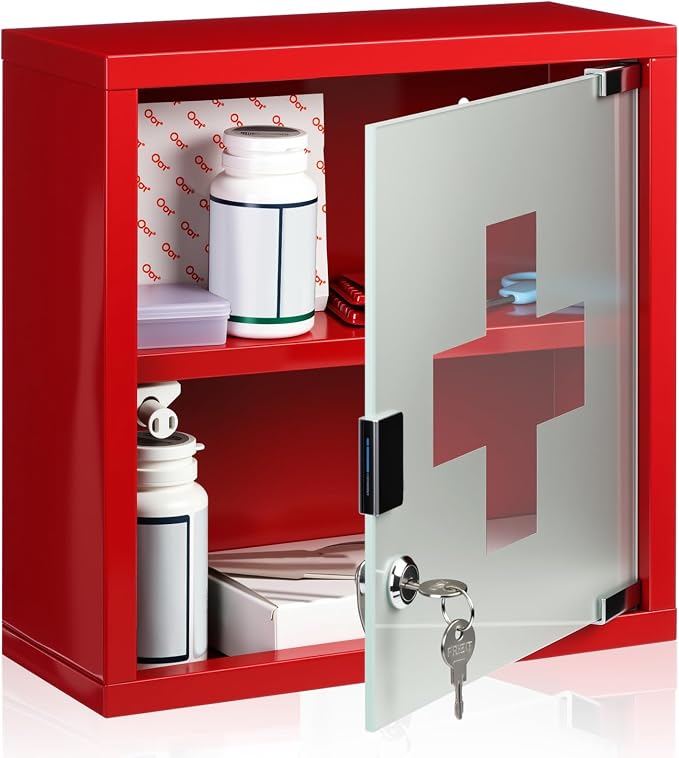 Timgle First Aid Wall Cabinet with Lock Medicine Wall Mounted Bathroom Storage Hanging Medical Cabinet with Safety Glass Door for Bathroom(2 Shelves,Red)