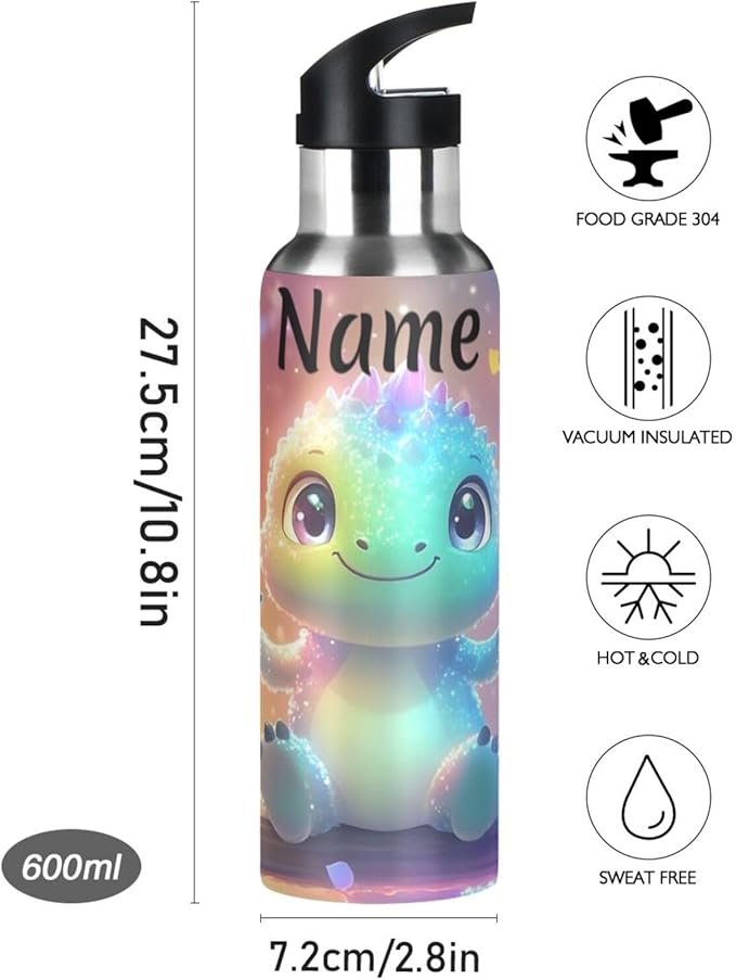 Custom Name Swing Dinosaur Water Bottle with Straw Lid Kids Insulated Stainless Steel Water Flask Sports, 20 Oz Hot Cold