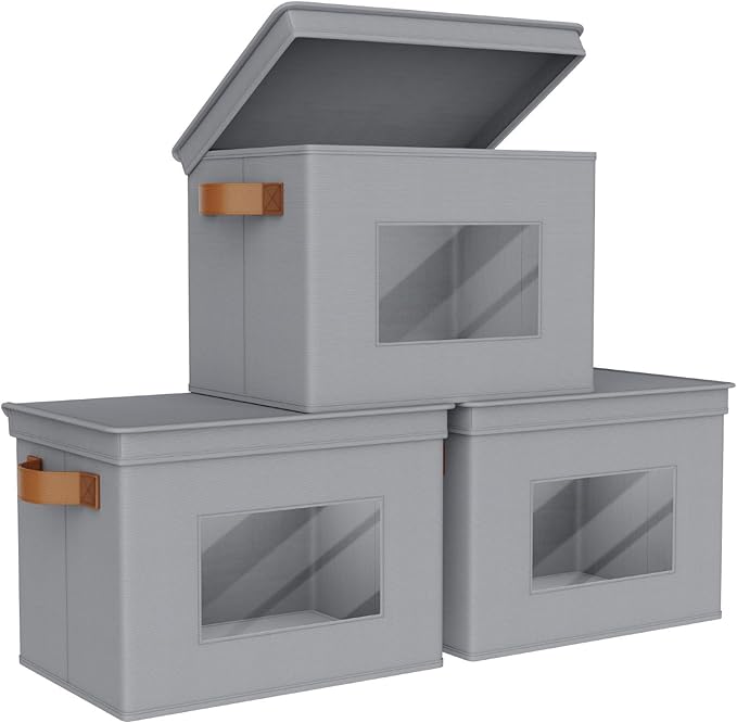Univivi Fabric Storage Bins with Lids for Clothes 3 Pack, Grey | 17 x 12 x 12 In Foldable Storage Boxes with Handles, Clear Window, Closet Organizers for Home, Bedroom