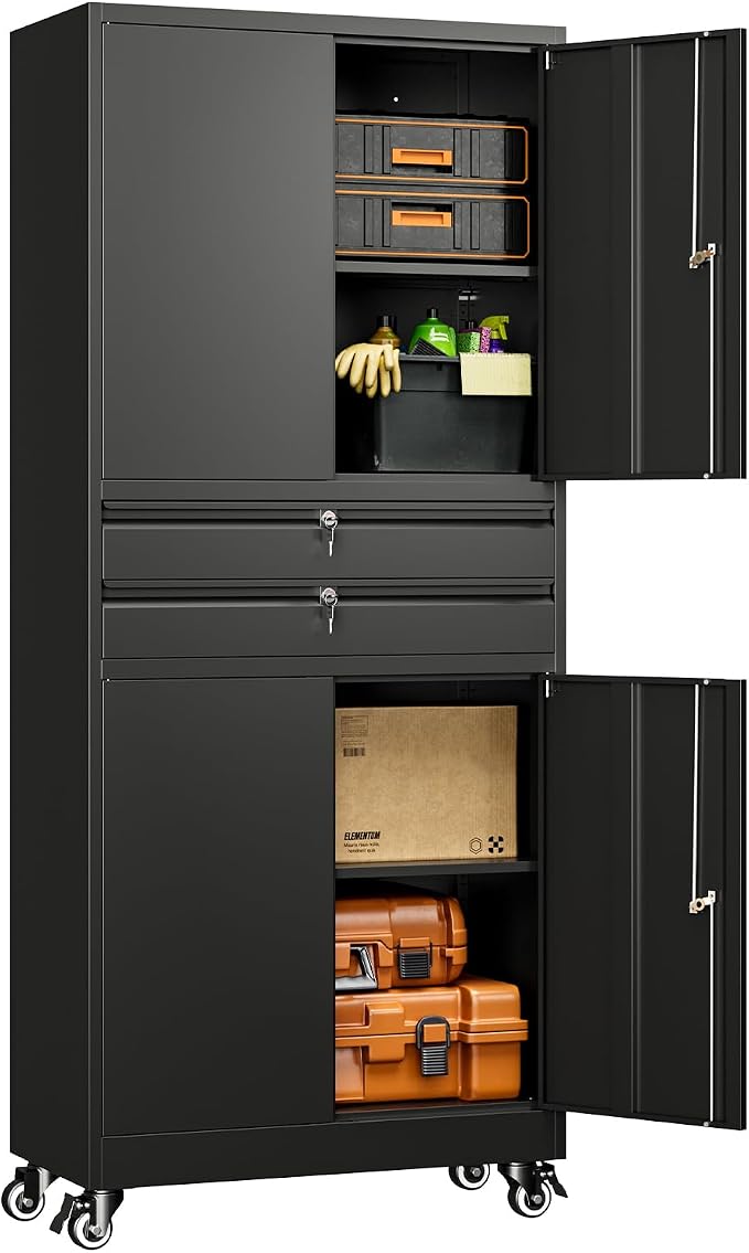 Metal Garage Storage Cabinet with Locking Doors and Adjustable Shelves, 74" Rolling Tool Storage Cabinet with 4 Wheels and 2 Drawer for Garage,Warehouse
