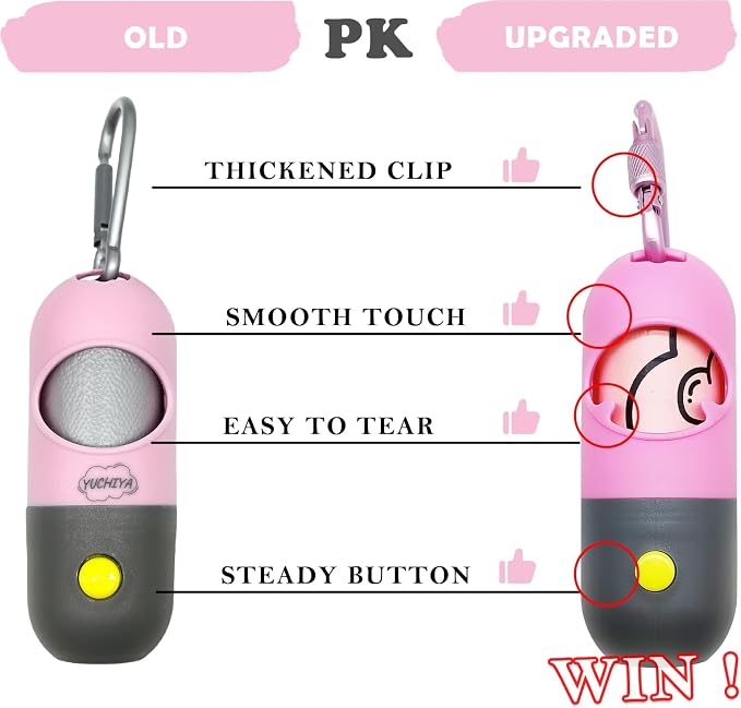 YUCHIYA Dog Poop Bag Holder Dispenser with LED Flashlight(Pink) | 100ft Ultra-Bright LED|Glow-in-the-Dark Avacado Clip|Metal Carabiner&Silicone Tether|15 Leak-Proof Scented Waste Bags