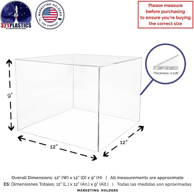 6 Pack 12" x 12" x 9" Clear Acrylic Display Box with One Open Side No Lids Versatile Square Plexiglass Dust Cover Retail Product Riser or Merchandise Storage Bin by Marketing Holders