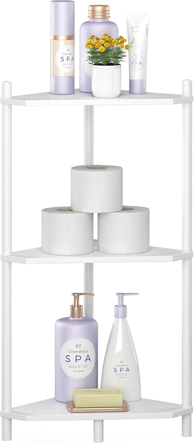 Wisuce White Small Corner Shelf Stand, 3-Tier Bamboo Corner Bookshelf | Space-Saving Narrow Corner Shelf | Bathroom Corner Shelf | Shelves for Bedroom, Living Room, Kitchen & Plant Display