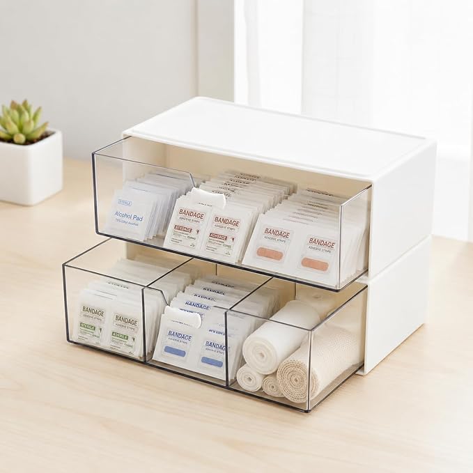 2Pack Bandage Storage Organizer -Large Capacity First Aid Organizer - 4Compartments Bandaid Holder-Medicine Cabinet Storage for Cotton Swab, Paper Clips,Pills,Flip Cover (White)