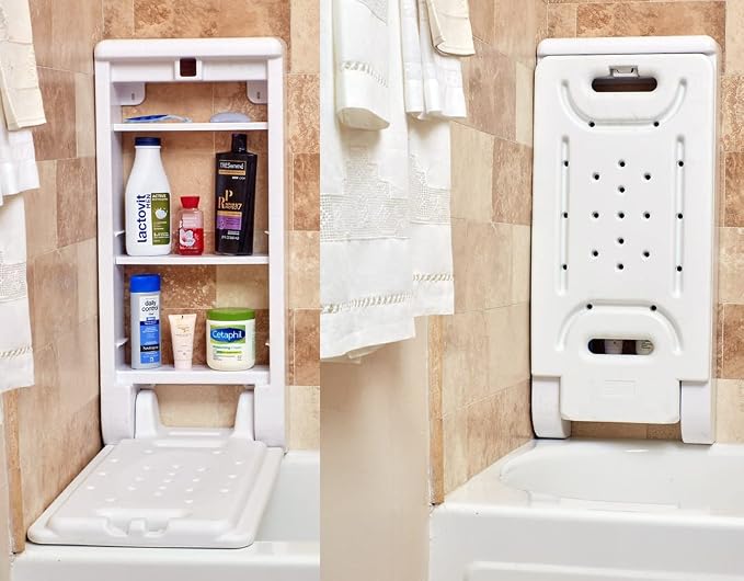 Shower Bench with Storage | 2-in-1 Bathing Bench & Supply Cabinet | Compatible with Hand Shower | White