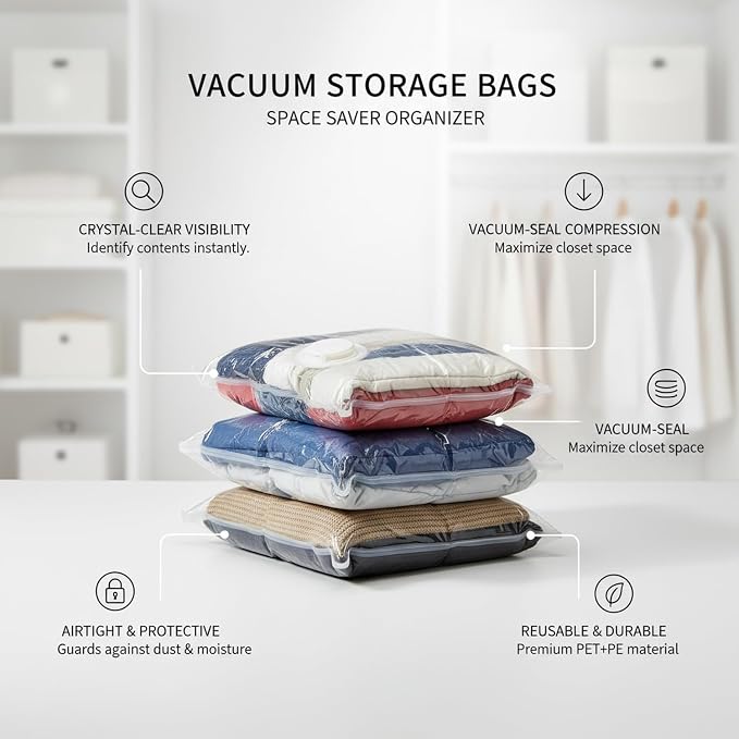 Vacuum Storage Bags for Clothes and Bedding, Clear Space Saver Bags with Valve, Reusable Compression Organizer (1 Pack)