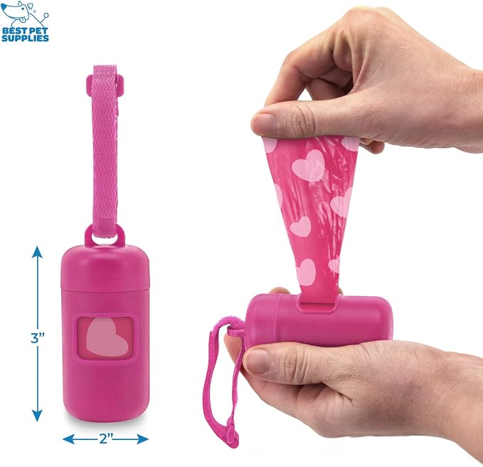 Best Pet Supplies Dog Poop Bag Holder Leash Attachment with Reusable Dispenser for Travel, Walking, Park, and Outdoor Use, Durable with Clip-On - Fuchsia, Pack of 2, Plastic Dispenser w/30 Bags