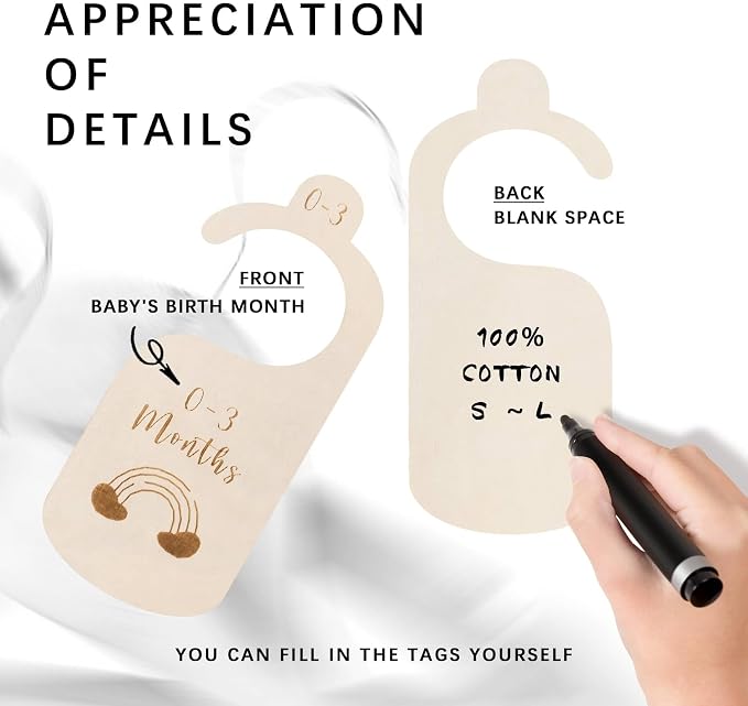 Baby Closet Dividers, 7-Piece Double-Sided Set, Newborn to 24 Months | Double-sided size labels organize outfits by stage, helping parents find newborn through 24-month clothing at a glance.