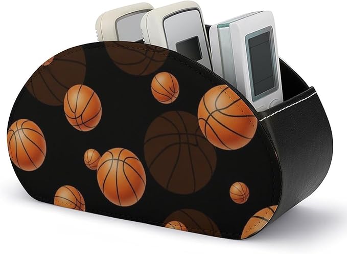 Remote Control Holder Black Basketball Sport 5 Compartment Table Organizer | PU Leather Desktop Caddy Box, Black Basketball Sport, Fit for Media Player, Stationery, Home Office Accessories