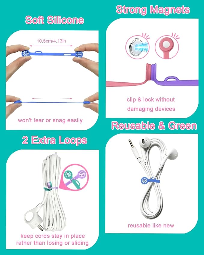 Magnetic Cord Organizer Cable Cord Organizer Magnet Clips Design Patented Silicone Twist Tie Strap Holder Cord Wrap Keepers Reusable Multi-Purpose Home Office School Gifts 10 Pack Mermaid
