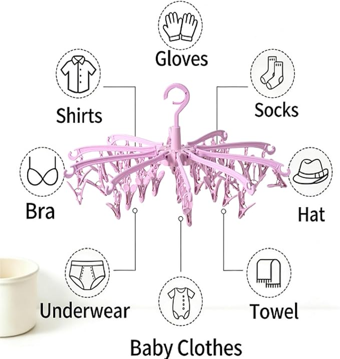 Clothes Sock Drying Hanger with 40 Clips,Foldable Hanging Rack | for Drying Socks Lingerie Baby Clothes Drying Towels Rotatable Sock Drying Rack with 40 Pegs Clips(Pink)