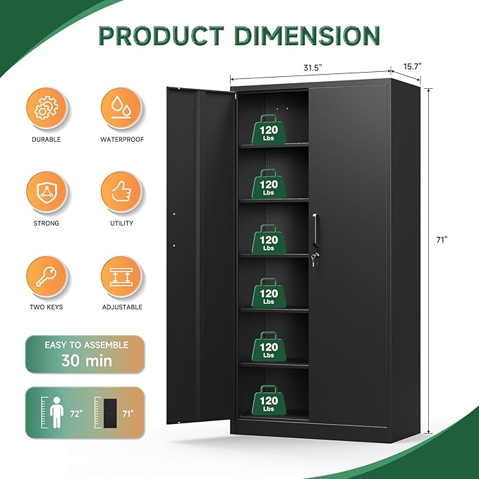 Metal Storage Cabinets with Lock Doors,Tall Locker Organizer Steel Garage Cabinets, 5 Adjustable Layers Shelves for Home, Office, Warehouse,Tool,Industrial(Black)