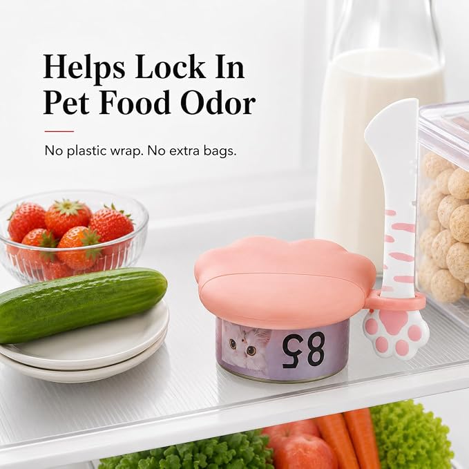 Meow&Woof Cat Food Can Lids and Spoon, Silicone Pet Food Can Covers for 3 oz, 5.5 oz, 12 oz & 13 oz Cans, Reusable Wet Food Storage Lid with Scraper Spoon for Cats and Dogs (Pink & White)