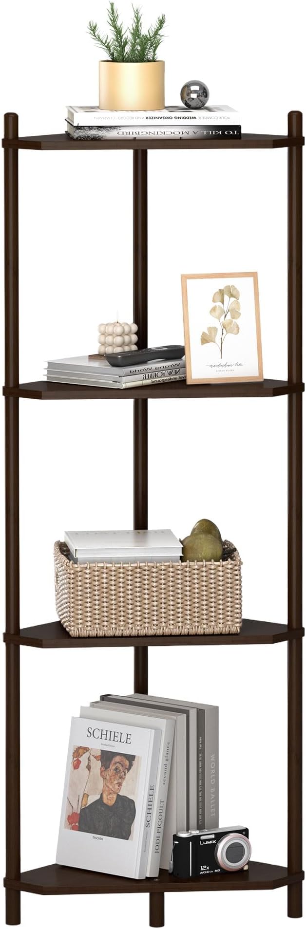 Wisuce Brown Small Corner Shelf Stand, 4-Tier Bamboo Corner Bookshelf | Space-Saving Narrow Corner Shelf | Bathroom Corner Shelf | Shelves for Bedroom, Living Room, Kitchen & Plant Display