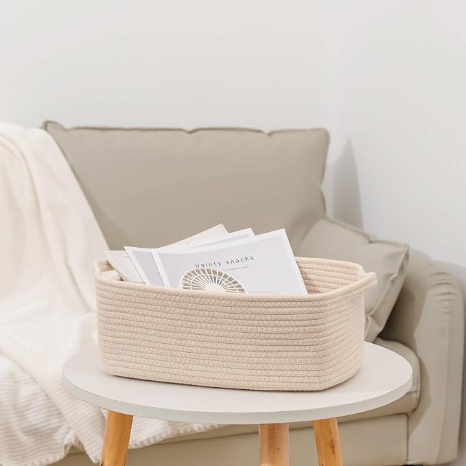 CubesLand Cute and Durable Small Cotton Rope Basket for Organizing | Woven Closet Storage Bin,Shelves Closet Storage Basket, Bathroom Storage Organizer Bin, Nursery Toy Basket Bin, Beige Basket