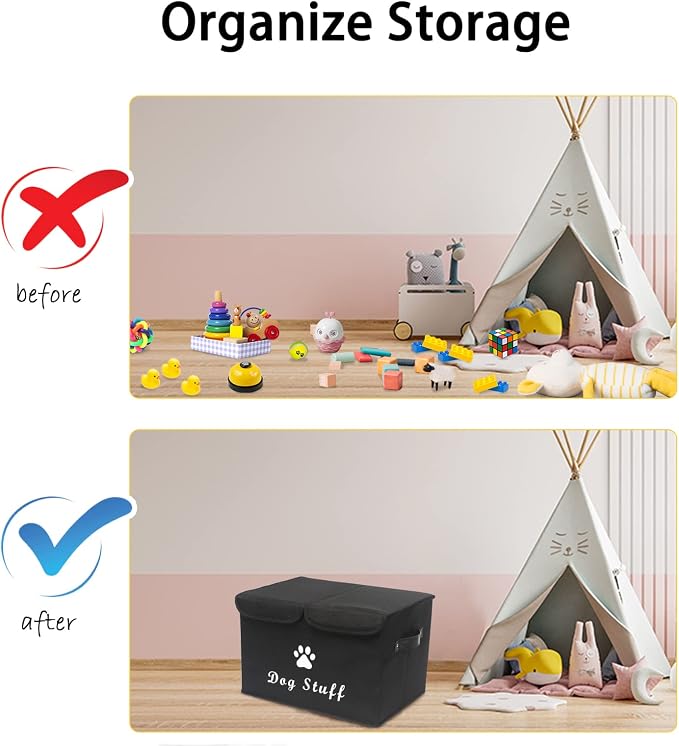Morezi Large Dog Toy Storage Box with Lid Basket Organizer - Perfect Collapsible Bin for Living Room, Playroom, Closet, Home Organization - Dog - Black