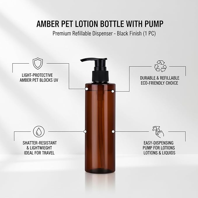 Amber PET Lotion Pump Bottle, Durable Refillable Dispenser for Travel & Shower, Black Finish (1 Count)