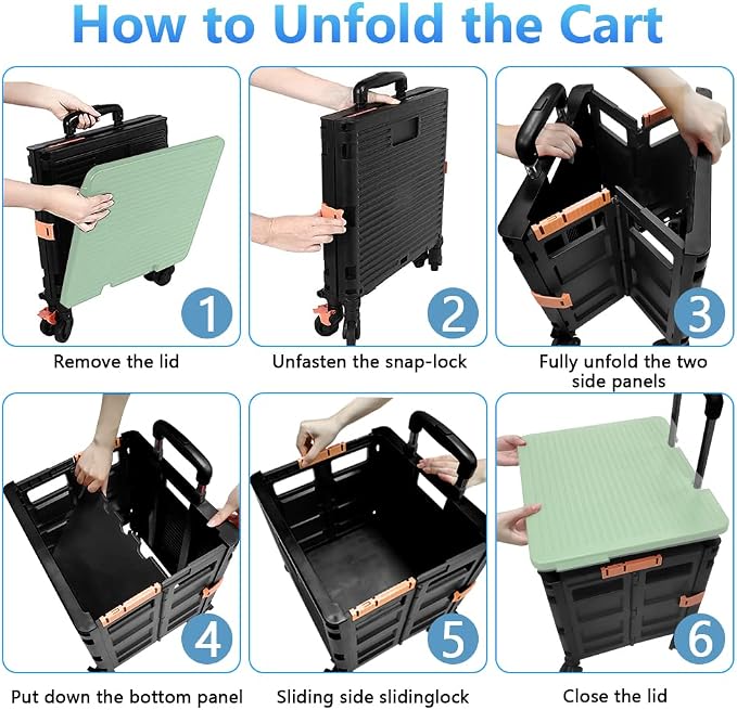 FELICON SELORSS Foldable Utility Cart Folding Portable Rolling Crate-Green | Heavy Duty,Telescoping Handle,4 Rotate Wheels,Collapsible Handcart for Travel Shop Move Luggage Laundry Teacher Office Use