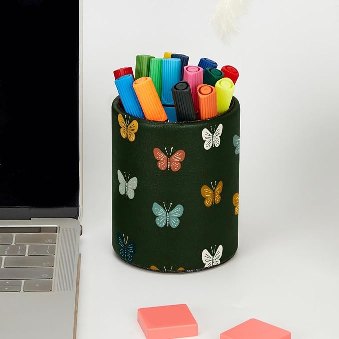Faux Leather Pen Holder for Desk, Pencil Organizer Butterfly Pen Cup Desk Decor Makeup Brush Holder Storage for Office Home