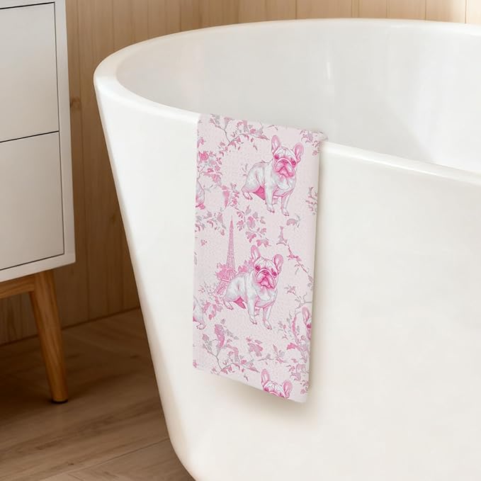 Pink French Bulldog Kitchen Dish Towels,Pink and White Floral Dog Towel Dish Tea Towels, Chinoiserie Decor for Kitchen Bathroom,French Bulldog Gifts for Dog Lover Mom Dad,16x24 Inch