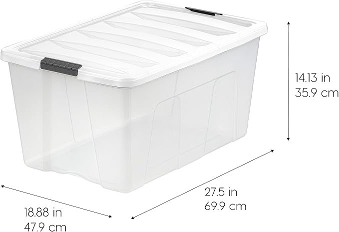 IRIS USA 94 Qt Storage Bins with Lids, 4 Pack, BPA-Free, Clear/White | Perfect for holiday decorations, bulky storage, camping gear, large household items, and long-term organization.