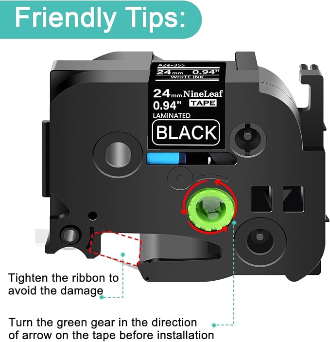 NineLeaf 2 Pack White on Black 24 mm x 8 m 1'' 26.2ft Label Tape Cassette Compatible for Brother P-Touch TZe355 TZ-355 TZe-355 TZ355 Laminated for PT-P700 PT-P750W PT-D600 PT-520 PT-530 Label Maker