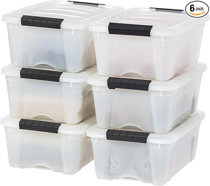 IRIS USA 6-Pack 13 Quart Storage Bins with Lids, Pearl | Conceals contents for a clean look. Ideal for shoes, photos, documents, and small essentials. Nestable design saves space